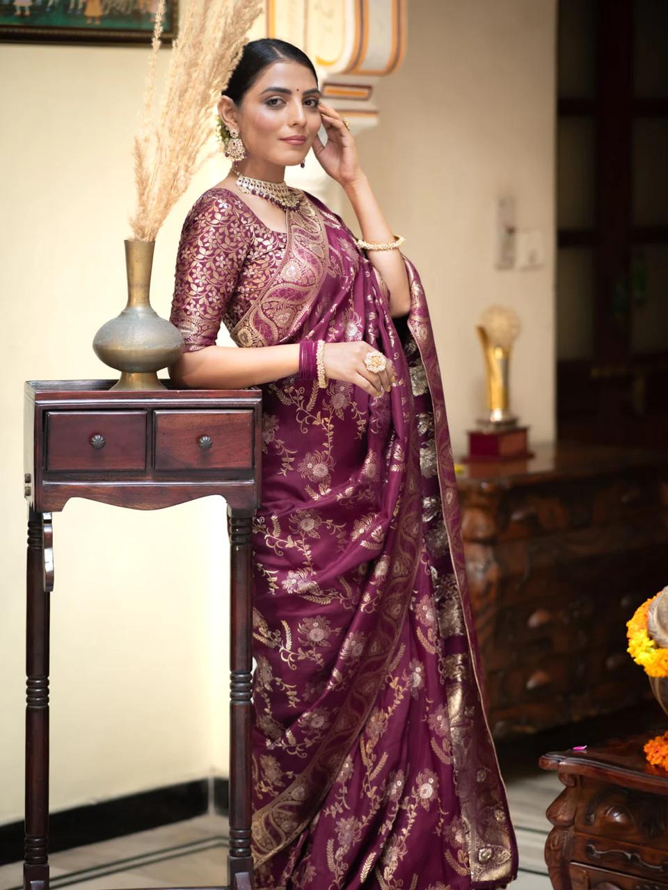 Bewitching Wine Color Soft Banarasi Silk Saree With Adorable Blouse Piece