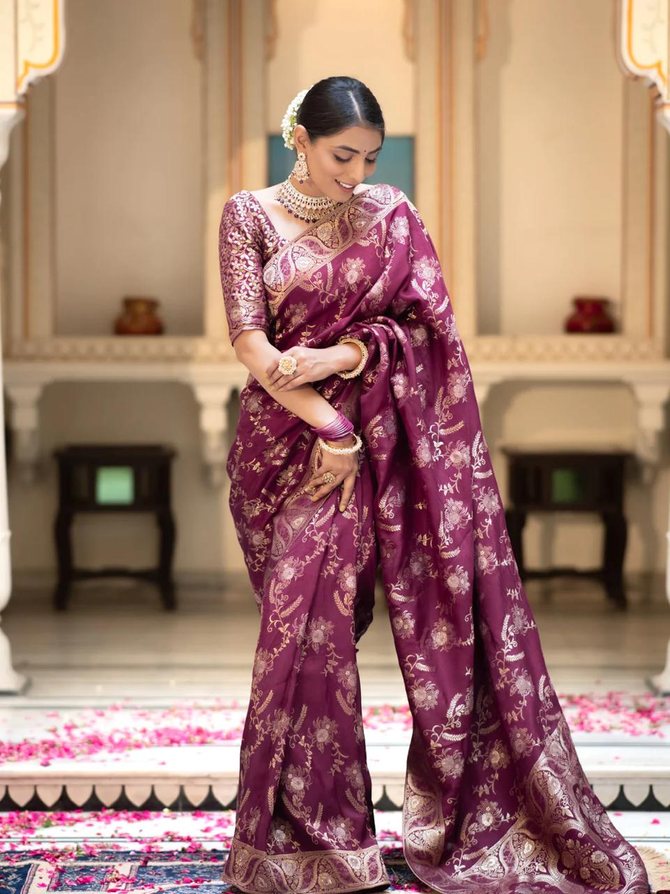 Bewitching Wine Color Soft Banarasi Silk Saree With Adorable Blouse Piece