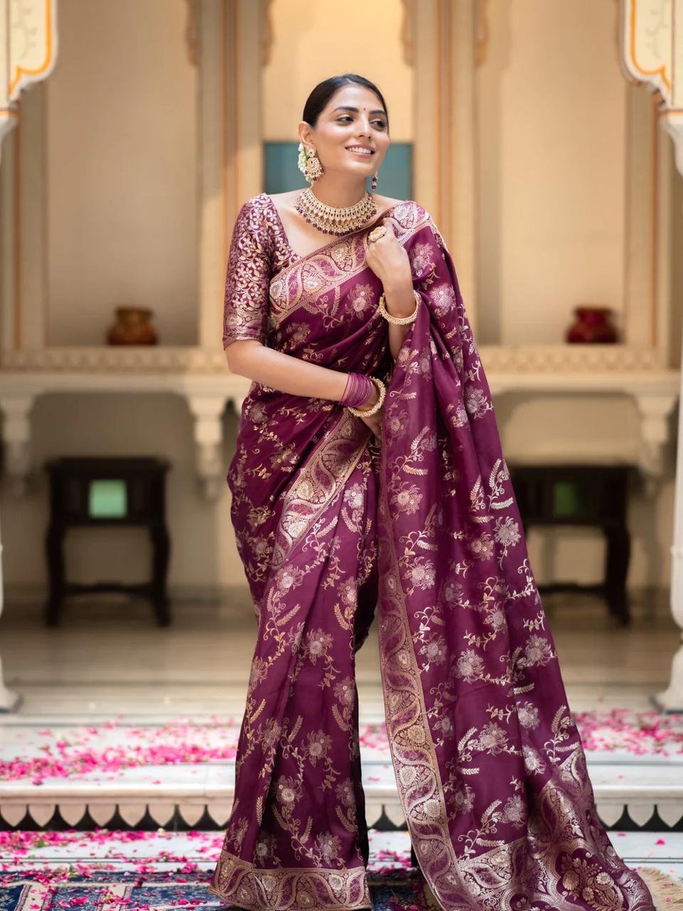 Bewitching Wine Color Soft Banarasi Silk Saree With Adorable Blouse Piece