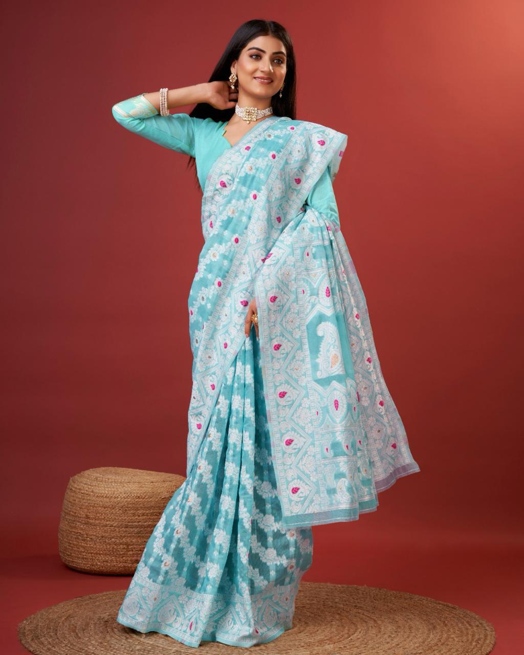 Luxuriant Sky Cotton Silk Saree With Mellifluous Blouse Piece