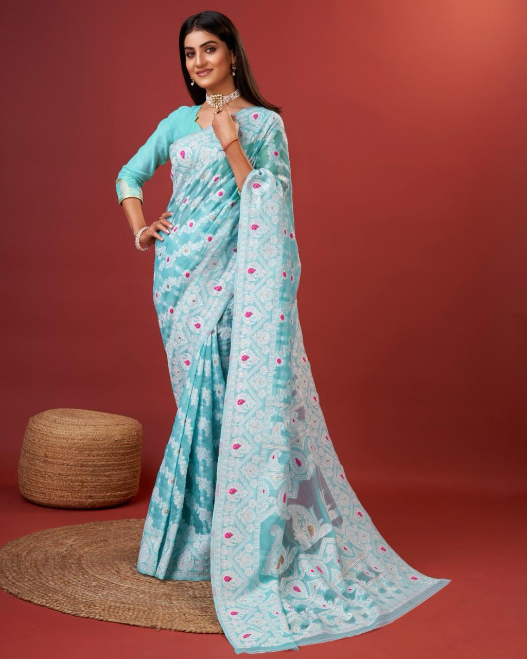 Luxuriant Sky Cotton Silk Saree With Mellifluous Blouse Piece