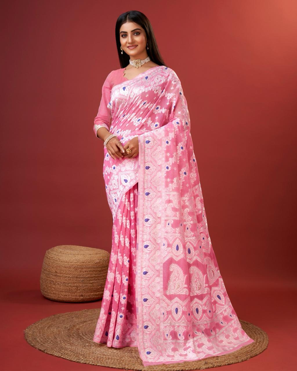 Flamboyant Pink Cotton Silk Saree With Glowing Blouse Piece