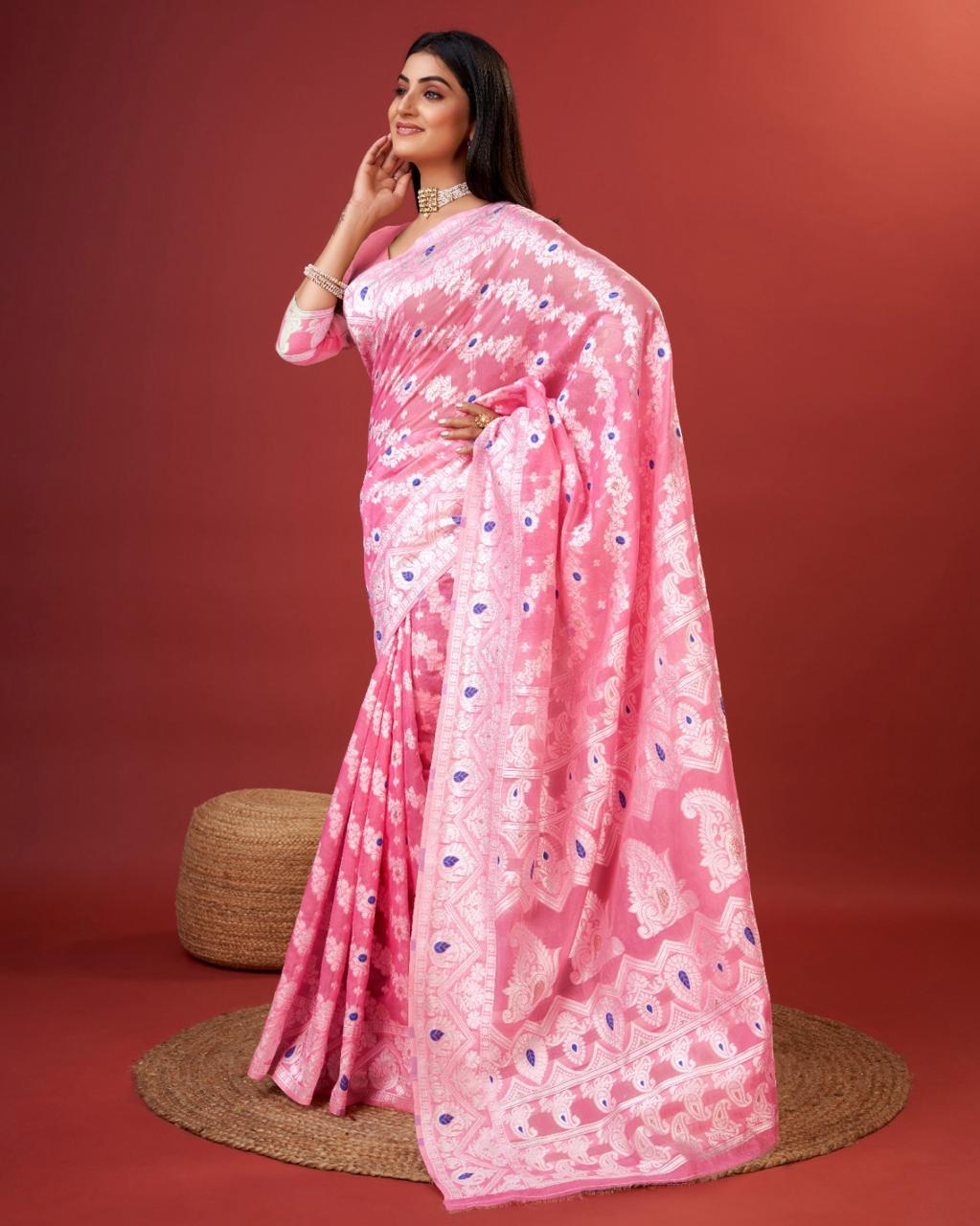 Flamboyant Pink Cotton Silk Saree With Glowing Blouse Piece