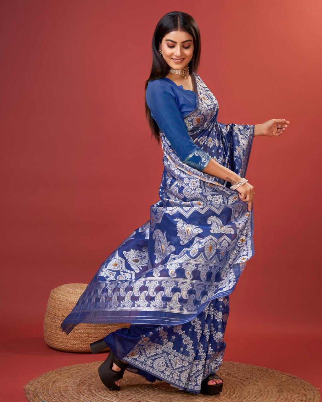 Jazzy Royal Blue Cotton Silk Saree With Improbable Blouse Piece