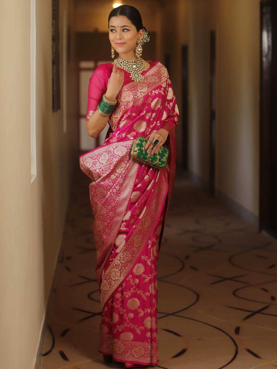 Epiphany Pink Soft Silk Saree With Artistic Blouse Piece