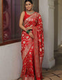 Capricious Red Soft Silk Saree With Fairytale Blouse Piece