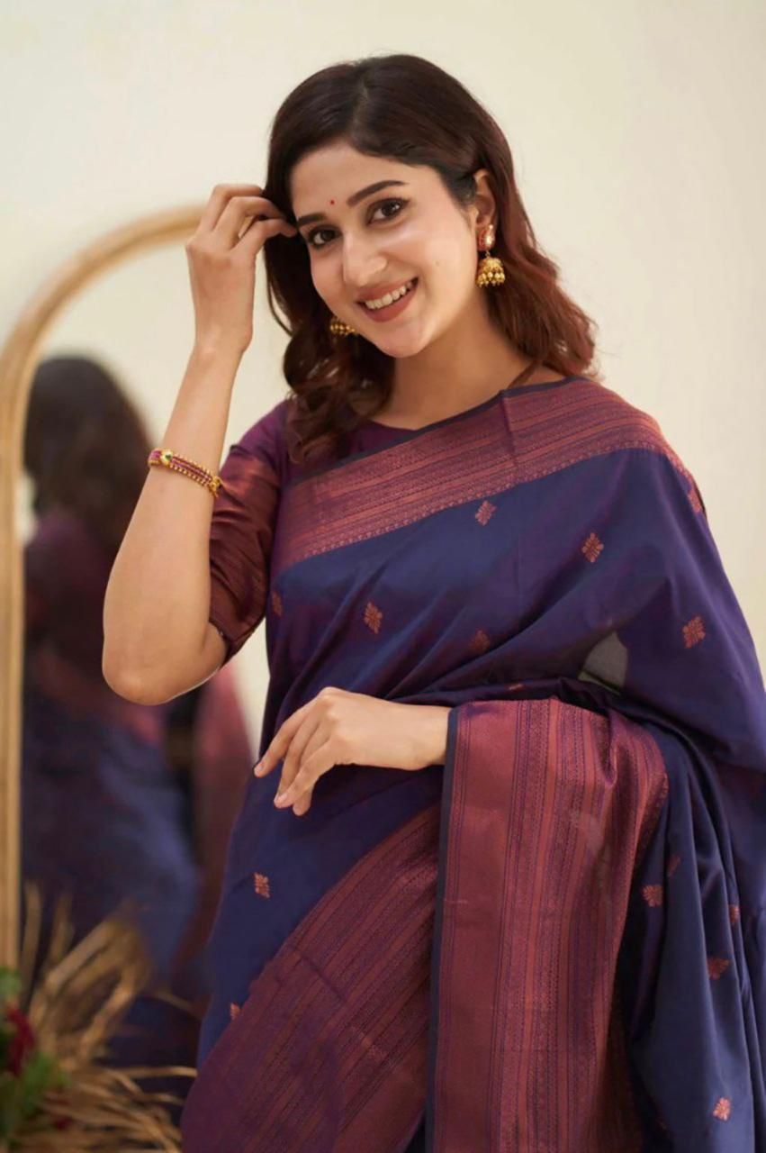 A Glam Navy Blue Soft Silk Saree With Dazzling Blouse Piece