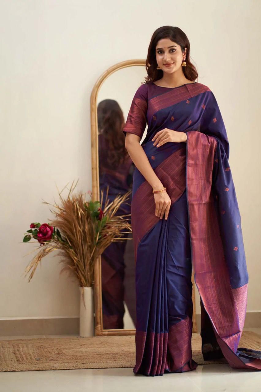 A Glam Navy Blue Soft Silk Saree With Dazzling Blouse Piece