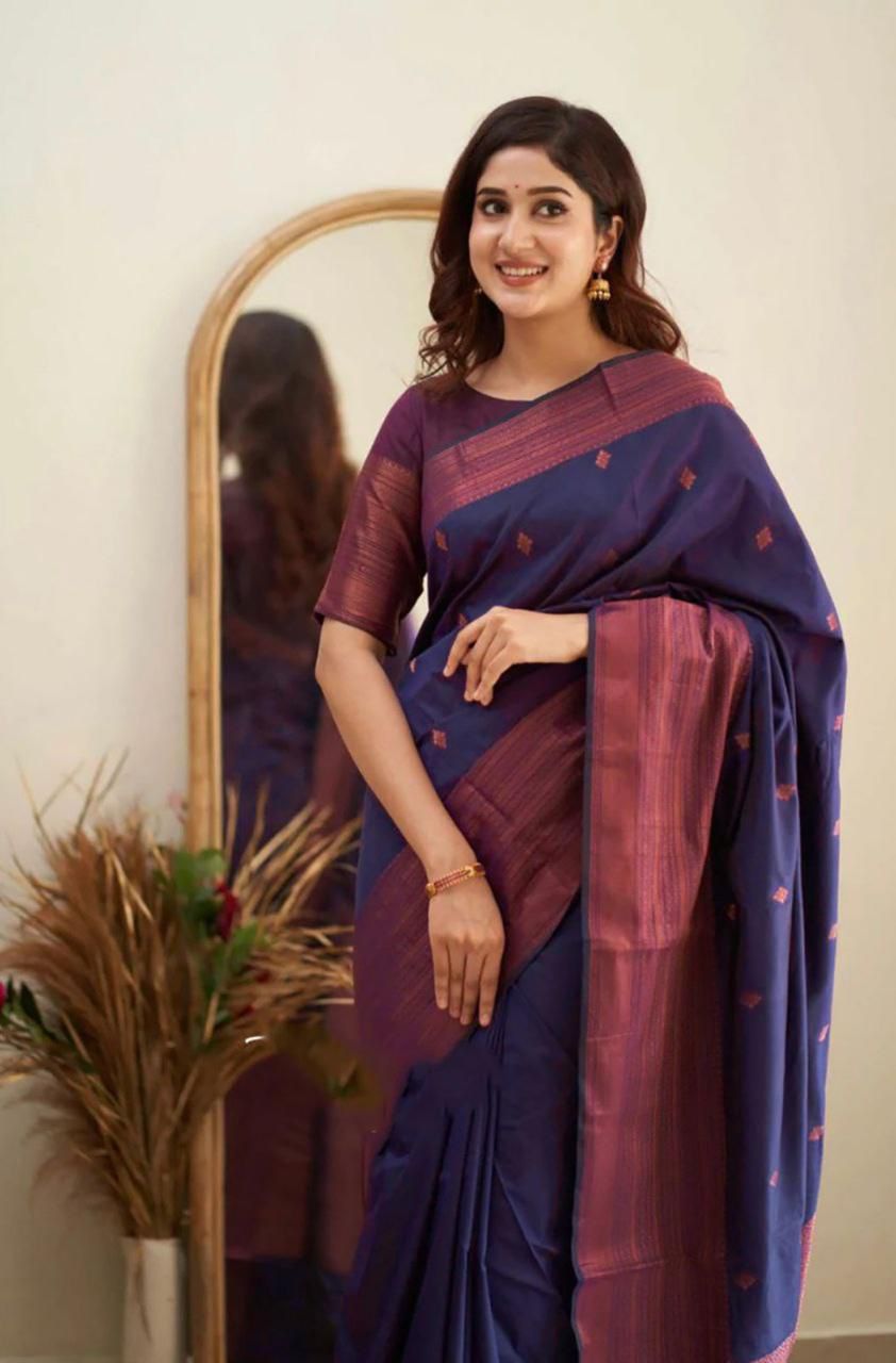 A Glam Navy Blue Soft Silk Saree With Dazzling Blouse Piece