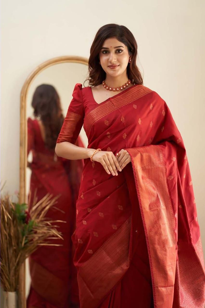 Imaginative Red Soft Silk Saree With Panoply Blouse Piece