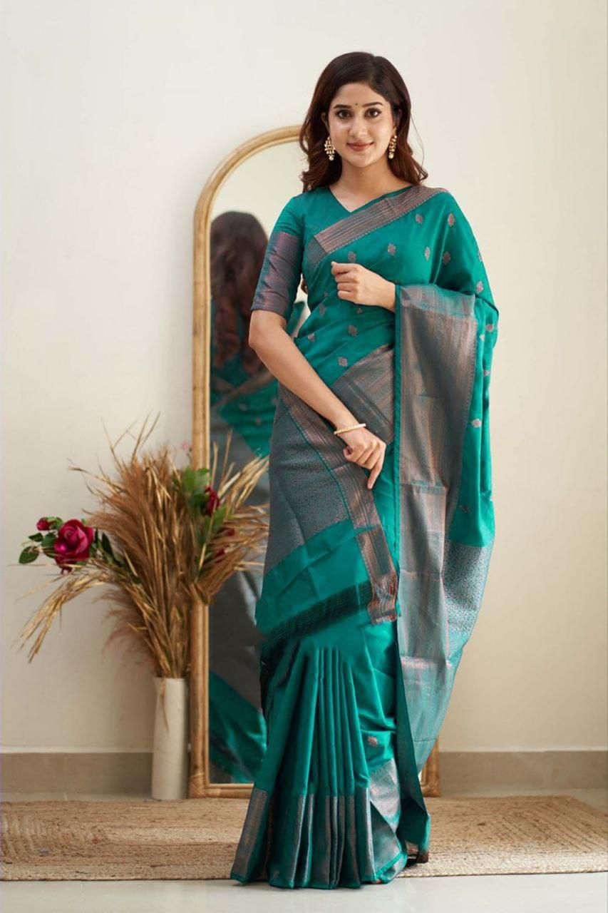 Beleaguer Sea Green Soft Silk Saree With Effervescent Blouse Piece