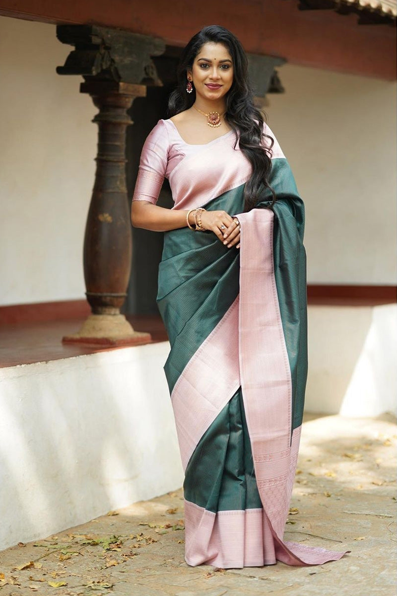 Exquisite Green Color Soft Silk Saree With Blouse Piece