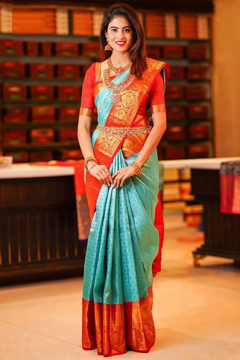 Incomparable Firozi Soft Banarasi Silk Saree With Blouse Piece