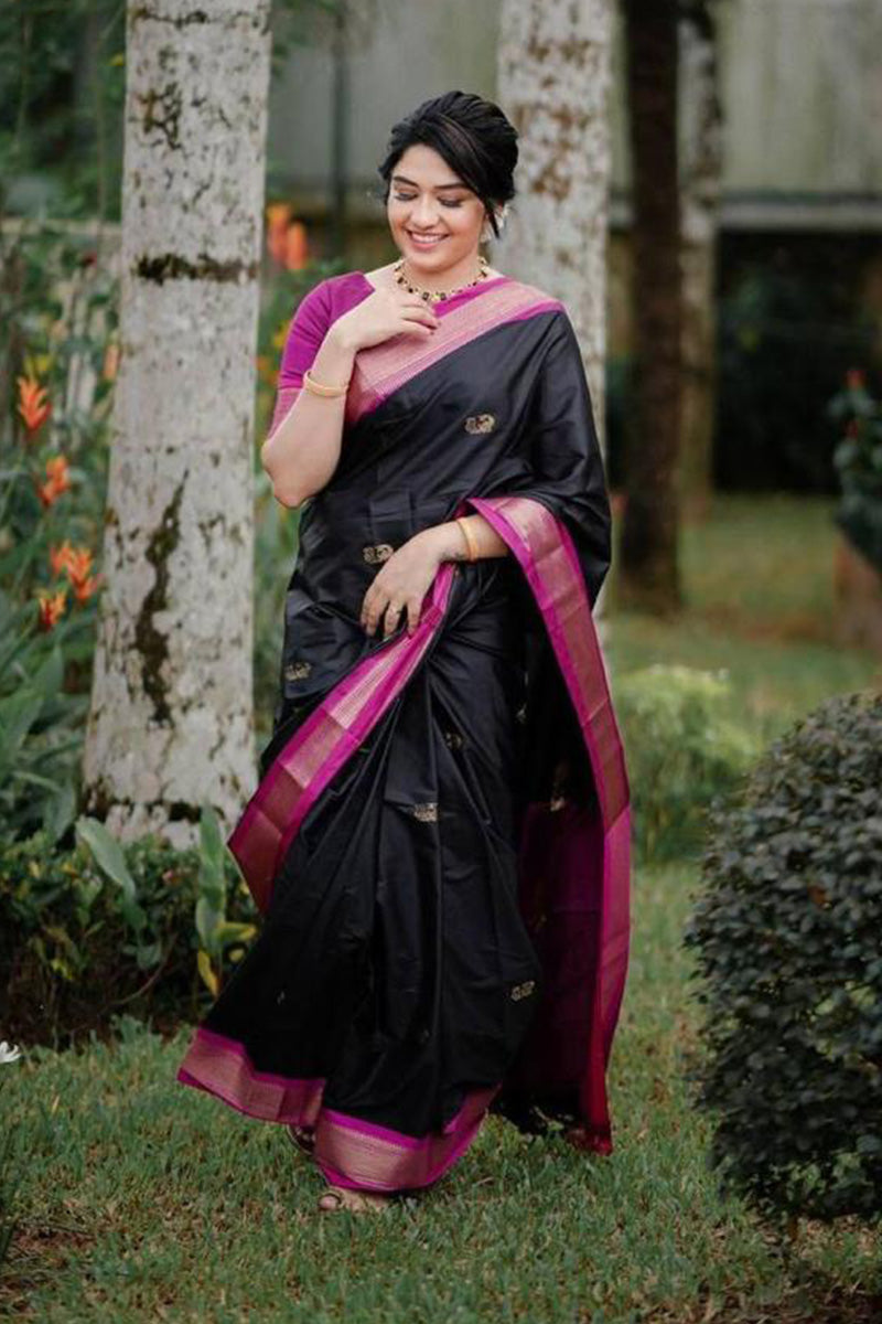 Enticing Black Soft Silk Saree With Blouse Piece