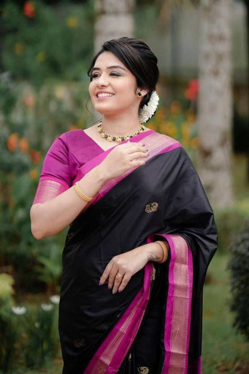 Enticing Black Soft Silk Saree With Blouse Piece