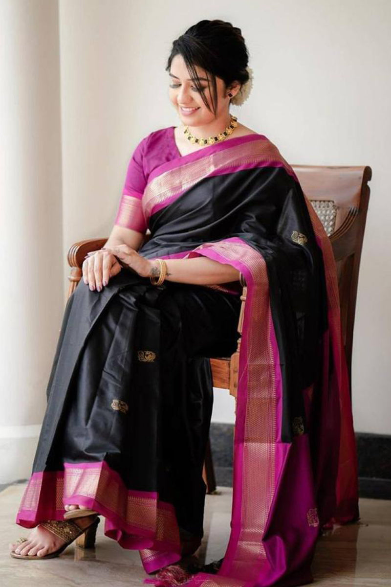 Enticing Black Soft Silk Saree With Blouse Piece