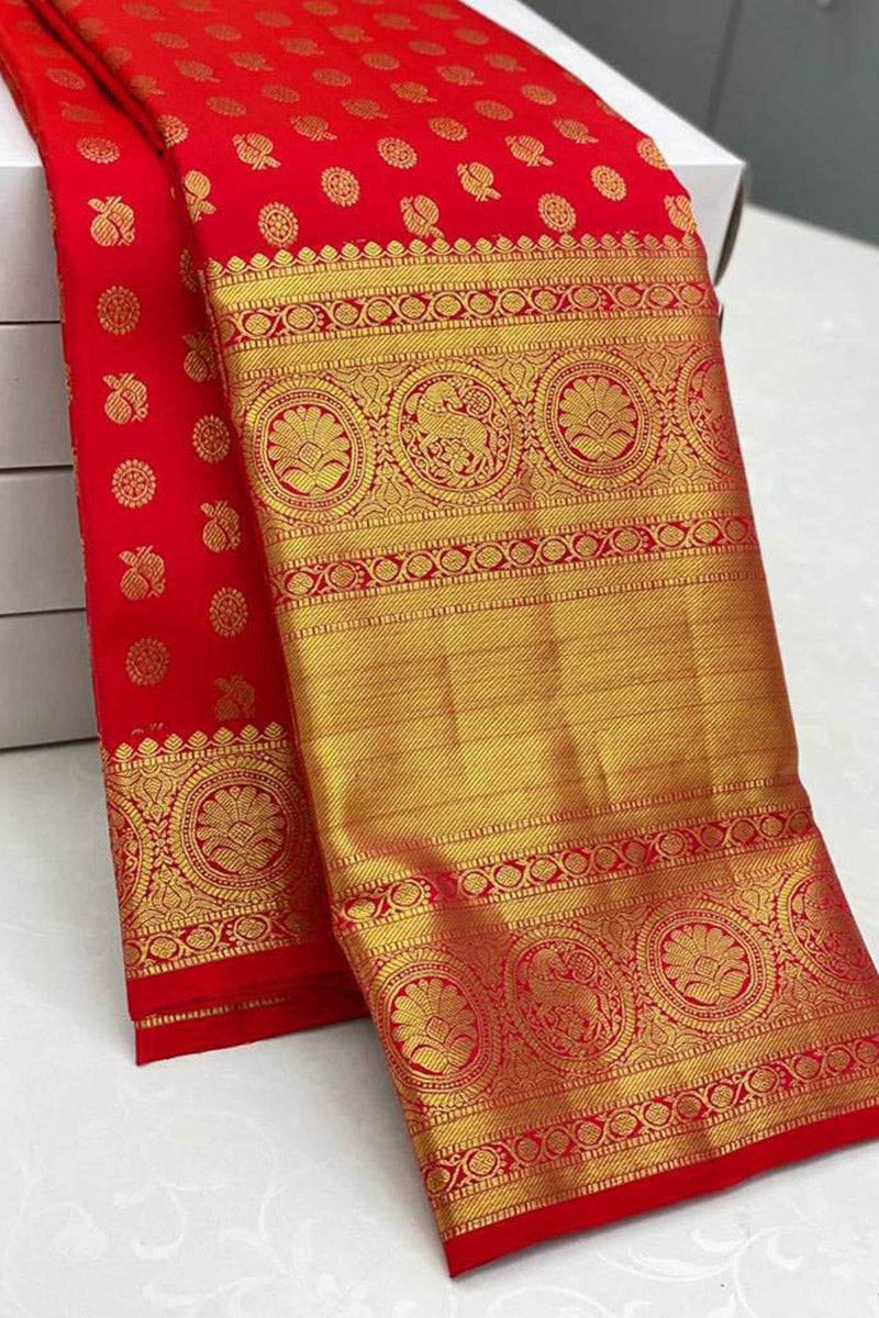 Ailurophile Red Soft Banarasi Silk Saree With Angelic Blouse Piece