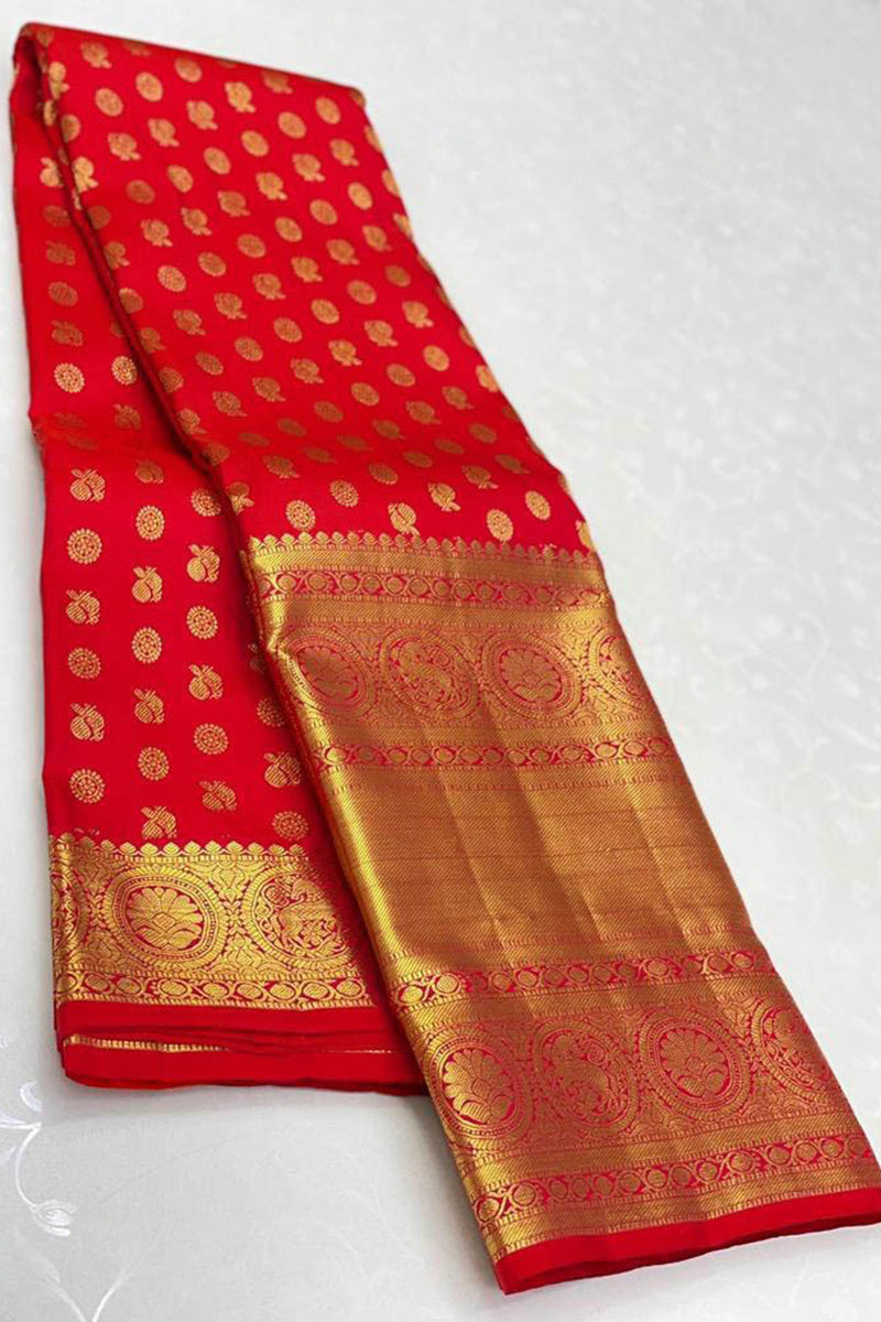 Ailurophile Red Soft Banarasi Silk Saree With Angelic Blouse Piece