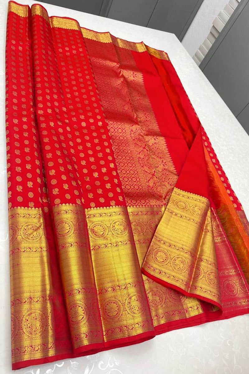 Ailurophile Red Soft Banarasi Silk Saree With Angelic Blouse Piece