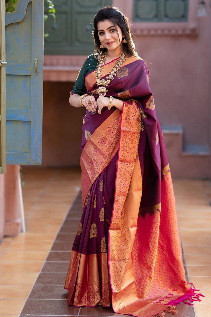 Smashing Wine Soft Silk Saree With An Insanely Blouse Piece