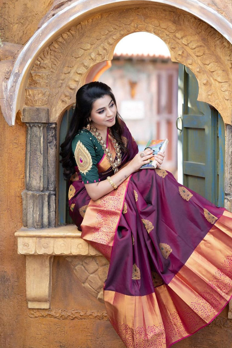 Smashing Wine Soft Silk Saree With An Insanely Blouse Piece