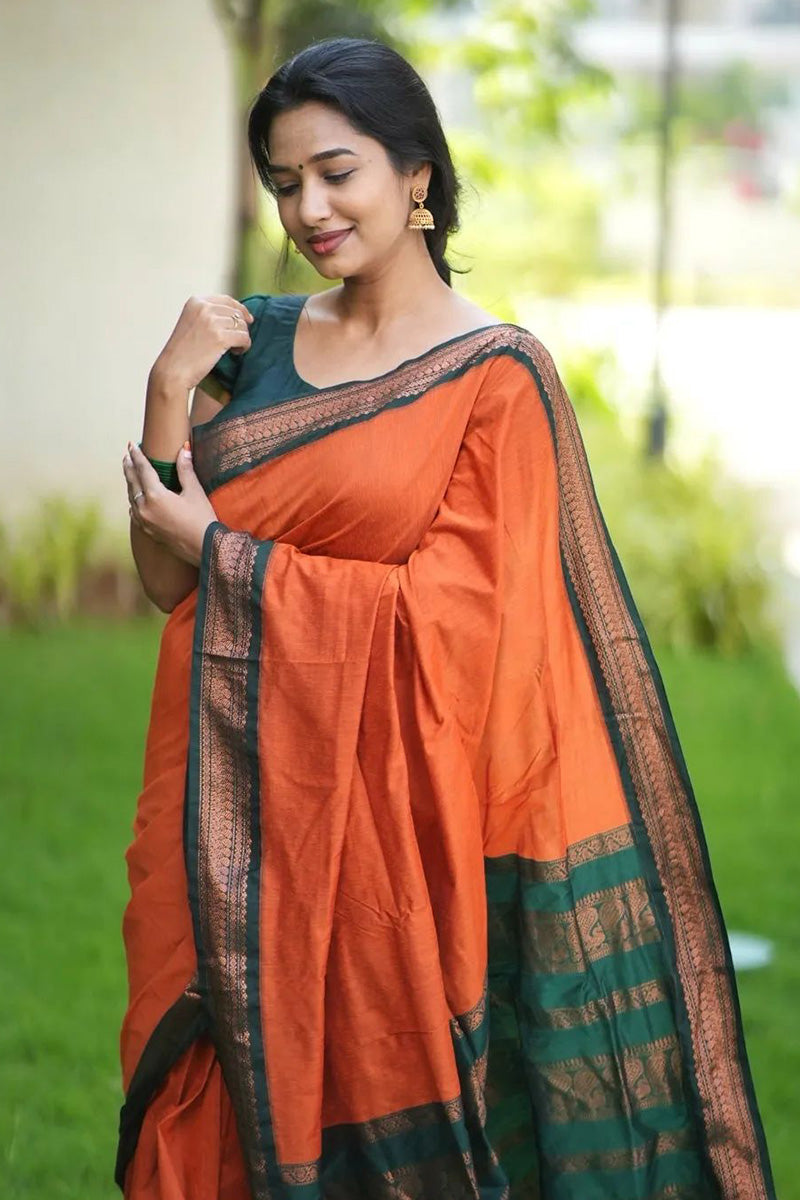 Dalliance Orange Soft Silk Saree with Fairytale Blouse Piece