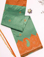 Exceptional Sea Green Soft Banarasi Silk Saree With Desiring Blouse Piece