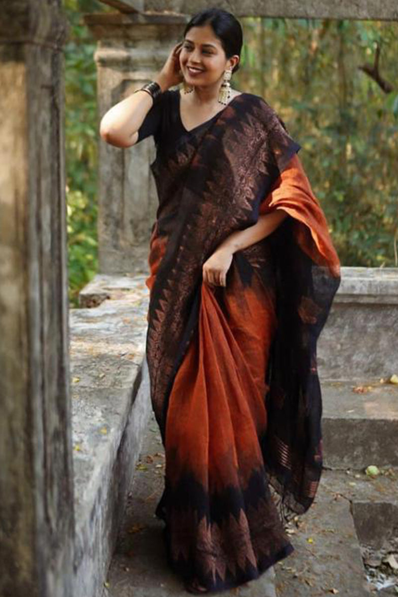 Engaging Orange Soft Silk Saree With Diaphanous Blouse Piece