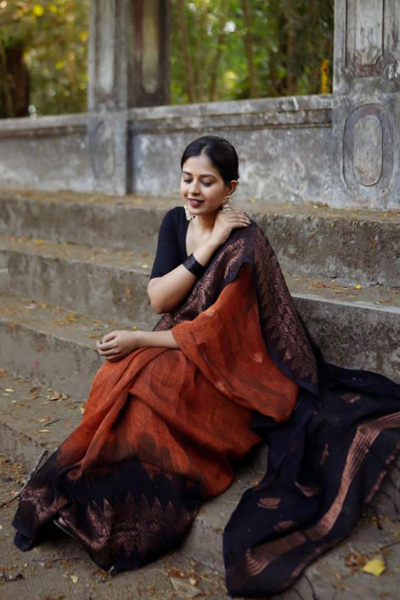 Engaging Orange Soft Silk Saree With Diaphanous Blouse Piece