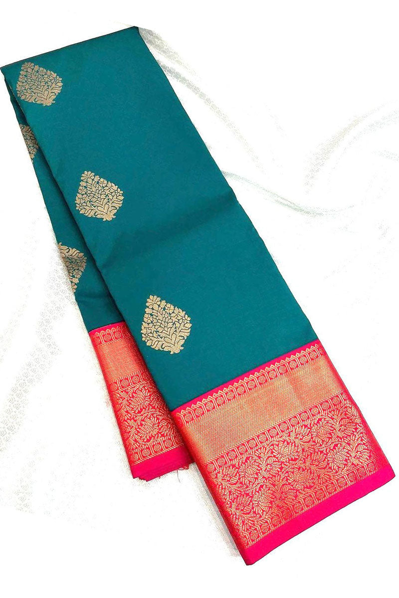 Evocative Rama Soft Banarasi Silk Saree With Glam Blouse Piece