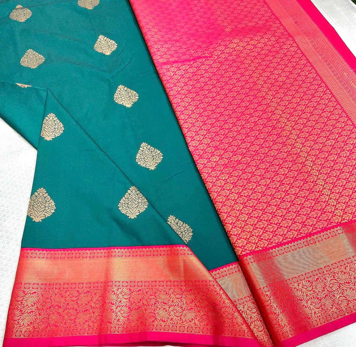 Evocative Rama Soft Banarasi Silk Saree With Glam Blouse Piece