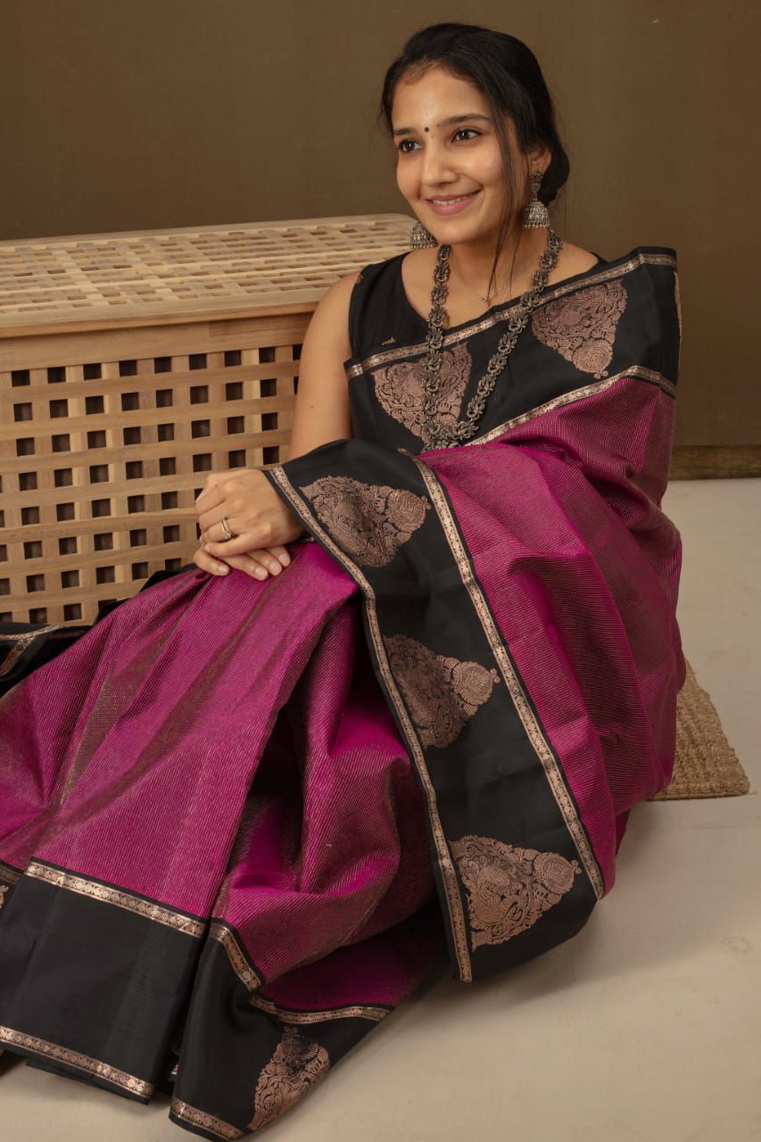 A Dreamy Wine Soft Silk Saree With Brood Blouse Piece