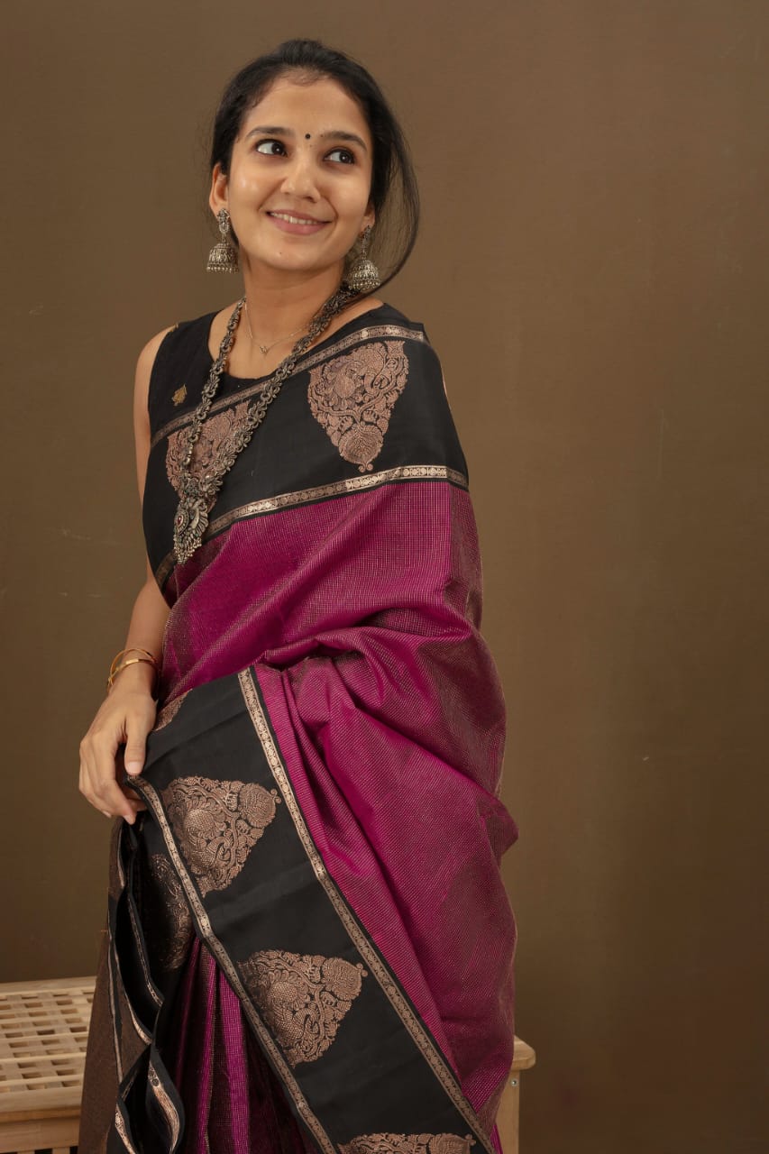 A Dreamy Wine Soft Silk Saree With Brood Blouse Piece