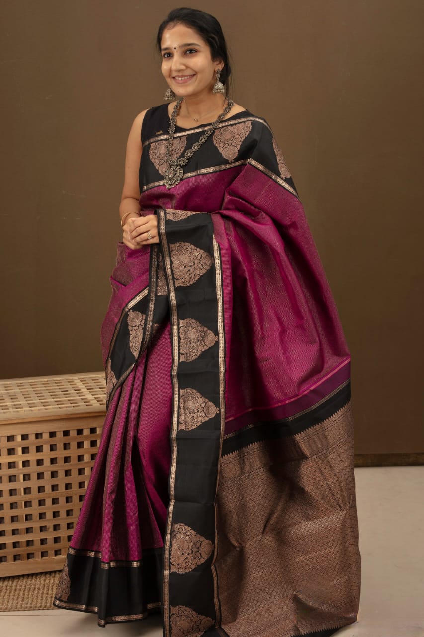 A Dreamy Wine Soft Silk Saree With Brood Blouse Piece