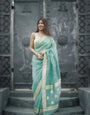 Dazzling Firozi Cotton Silk Saree With Fancifull Blouse Piece