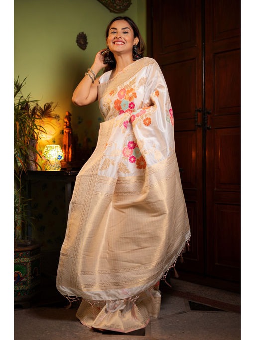 Classic Beige Soft Banarasi Silk Saree With Blissful Blouse Piece