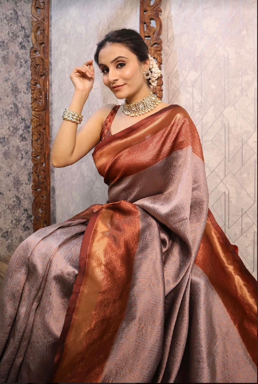 Twirling Grey Soft Silk Saree With Beleaguer Blouse Piece