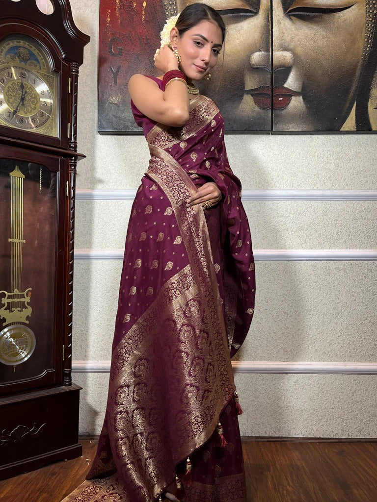 Demure Wine Soft Silk Saree With Elision Blouse Piece