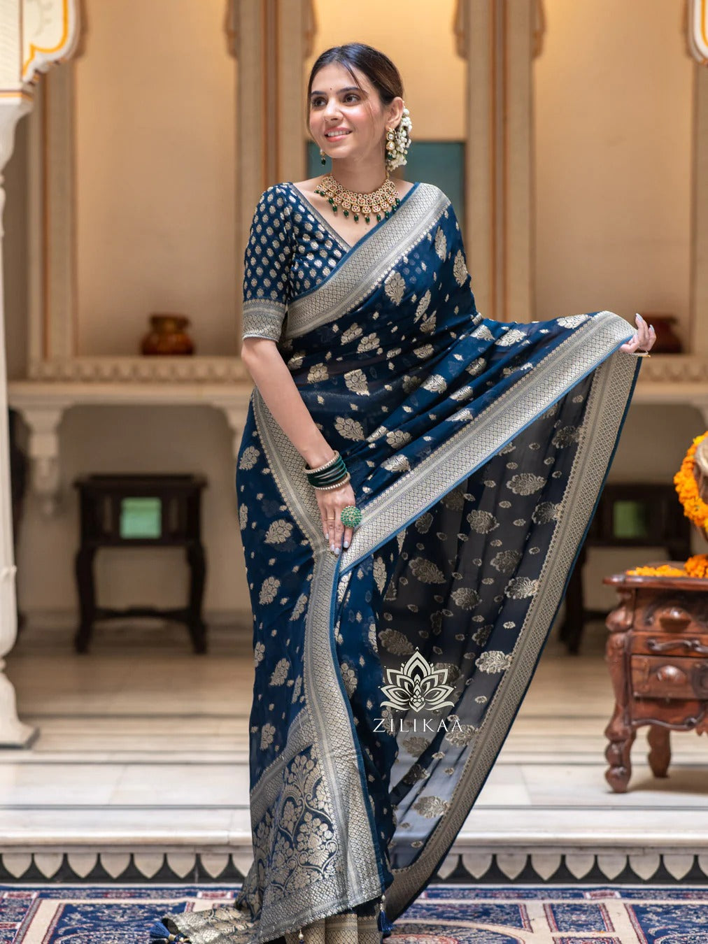 Stylish Rama Soft Silk Saree With Most Flattering Blouse Piece