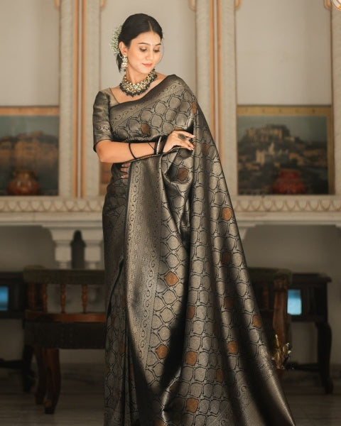 Angelic Black Soft Silk Saree With Exceptional Blouse Piece