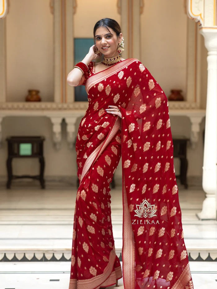 Prettiest Red Soft Silk Saree With Most Surreptitious Blouse Piece