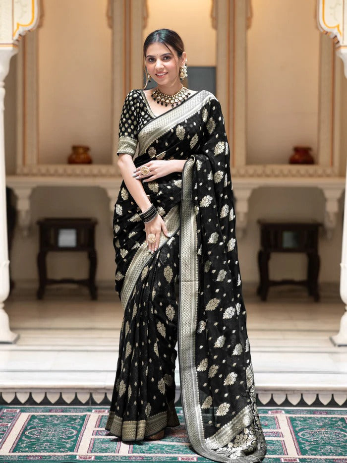 Deserving Black Soft Silk Saree With Embrocation Blouse Piece