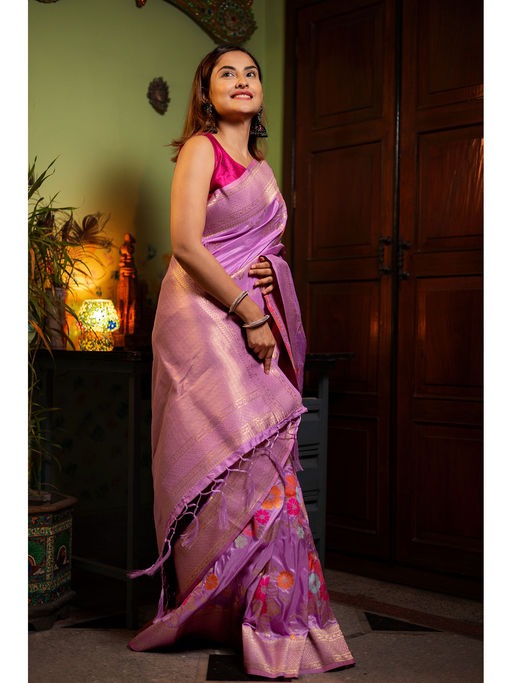 Flamboyant Lavender Soft Banarasi Silk Saree With Glowing Blouse Piece