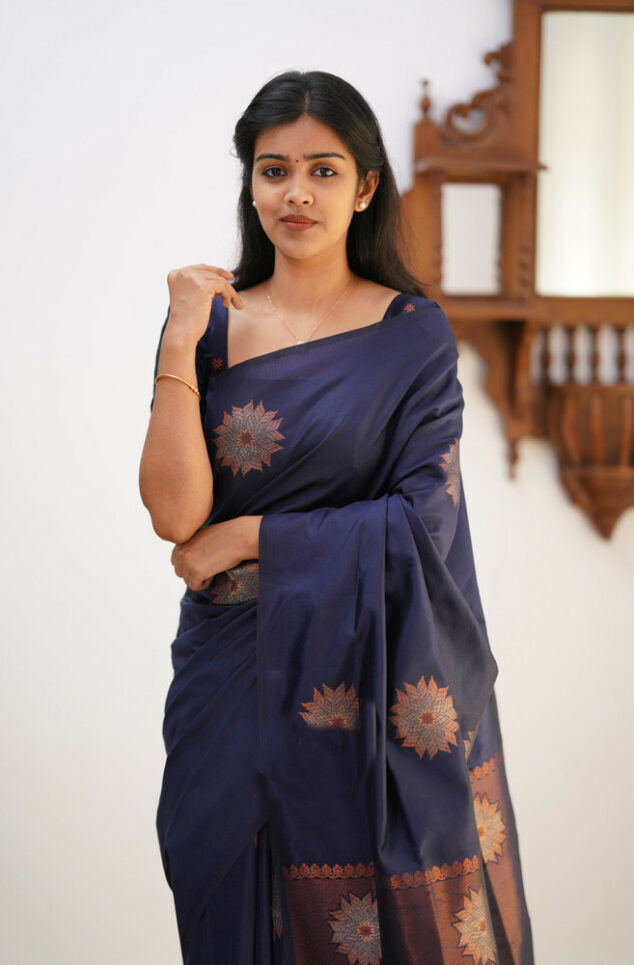 Amazing Navy Blue Soft Silk Saree With Staggering Blouse Piece