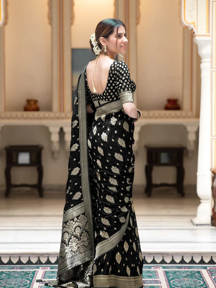 Deserving Black Soft Silk Saree With Embrocation Blouse Piece