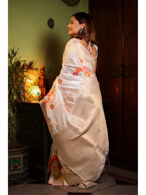 Classic Beige Soft Banarasi Silk Saree With Blissful Blouse Piece