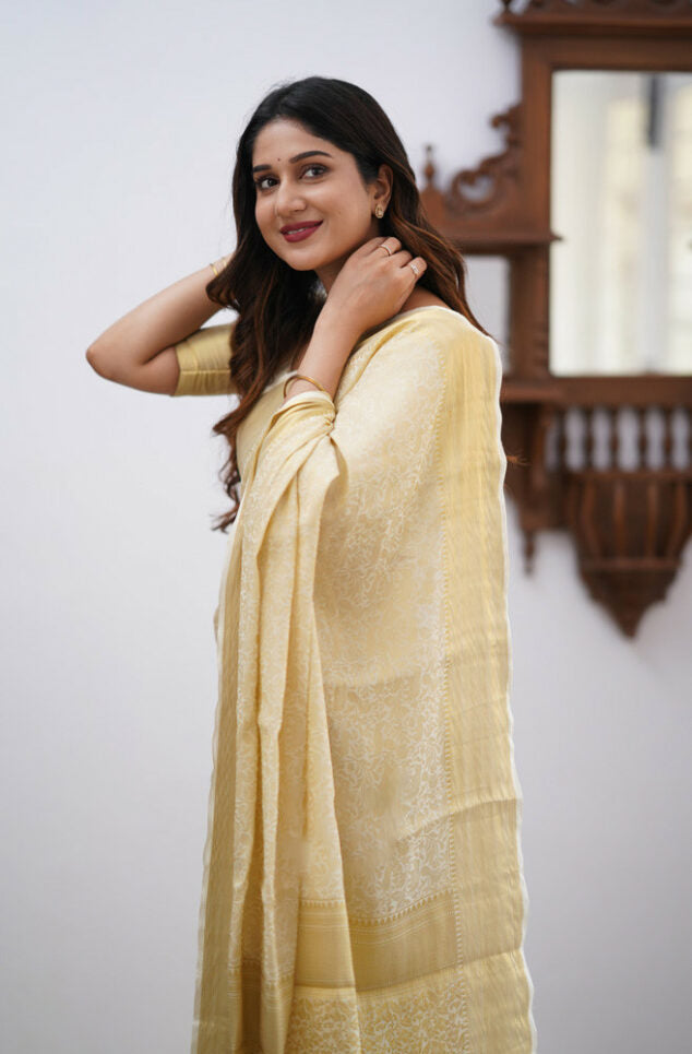 Ebullience Off White Color Soft Banarasi Silk Saree With Blouse Piece