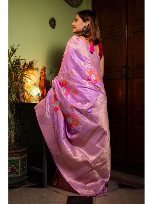 Flamboyant Lavender Soft Banarasi Silk Saree With Glowing Blouse Piece