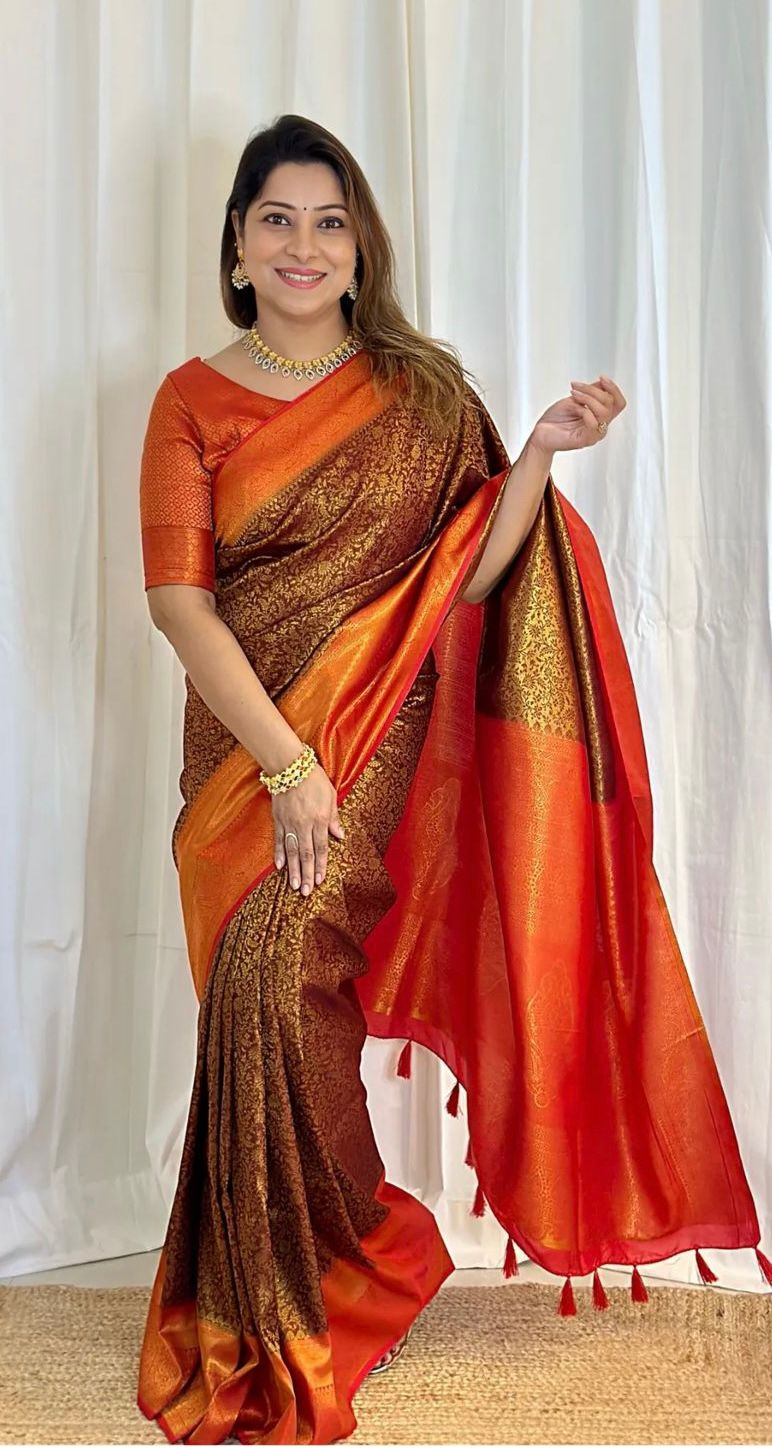 Glittering Brown Soft Banarasi Silk Saree With Beleaguer Blouse Piece