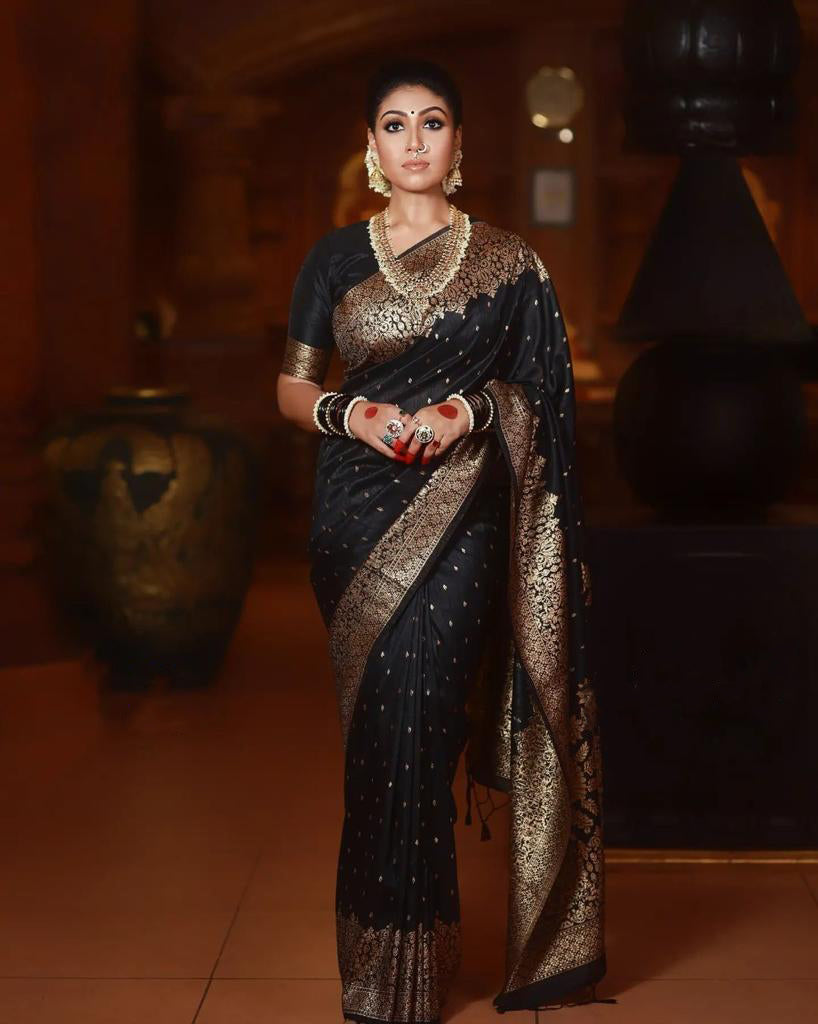 Bewitching Black Soft Banarasi Silk Saree With Propinquity Blouse Piece